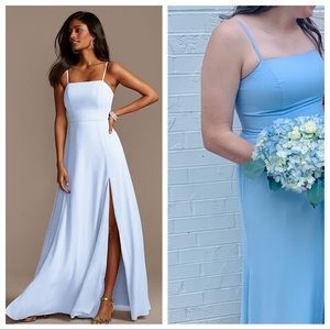 David’s Bridal Spaghetti Strap Chiffon Dress w/ Slit - Ice Blue